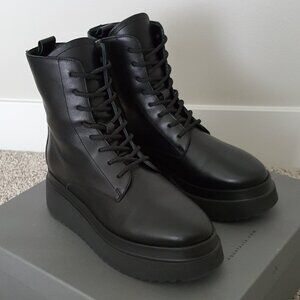 Aquatalia Ornella Boot 9.5 Platform Black Leather Weatherproof Moto Combat Lace